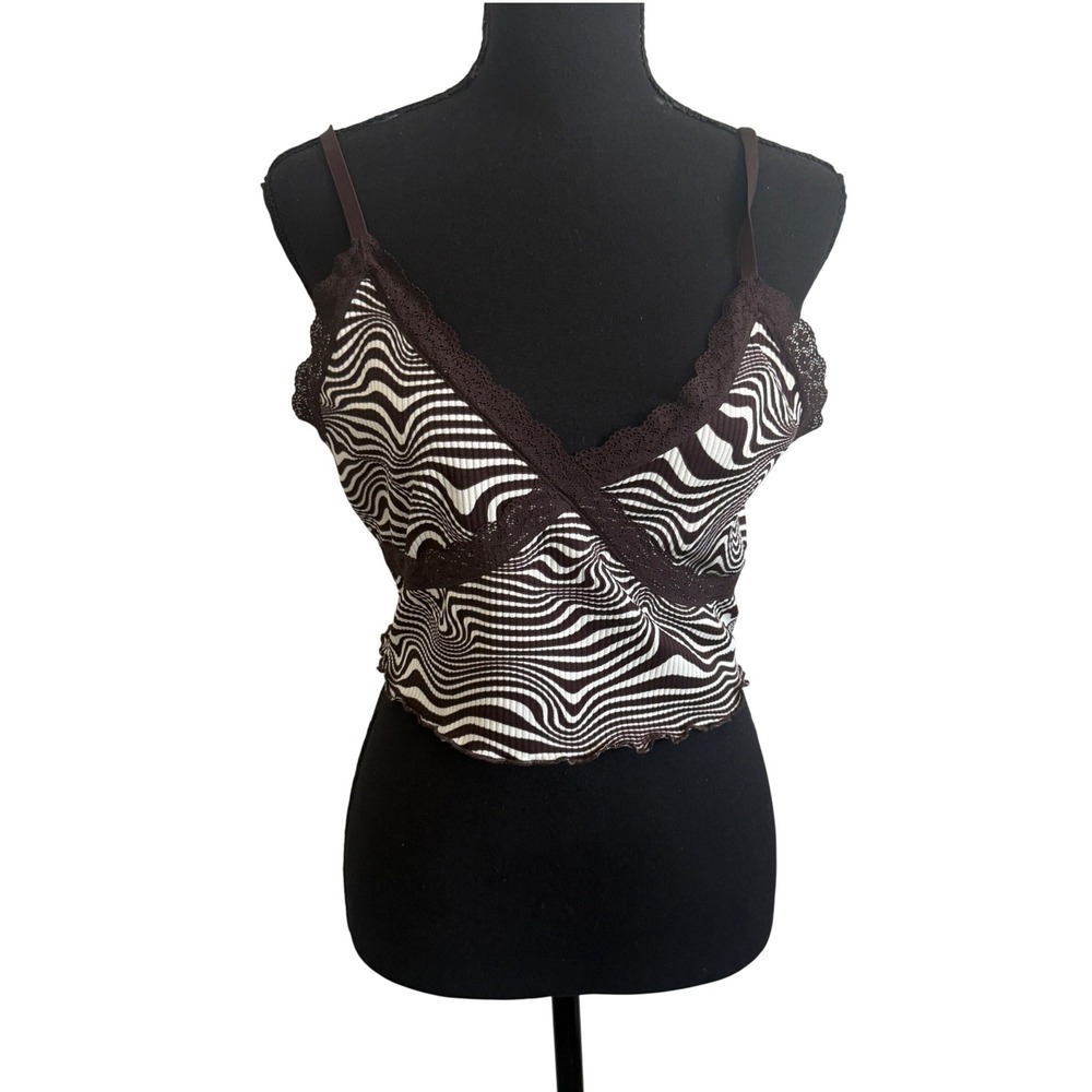 HM Brown Psychedelic Swirl Lace Trim Ribbed Y2K Babydoll Cami Top L Coquette
